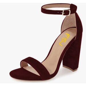 FSJ Wine Chunky High Heel Sandals Open Toe Ankle Strap Single Band Dress Shoe